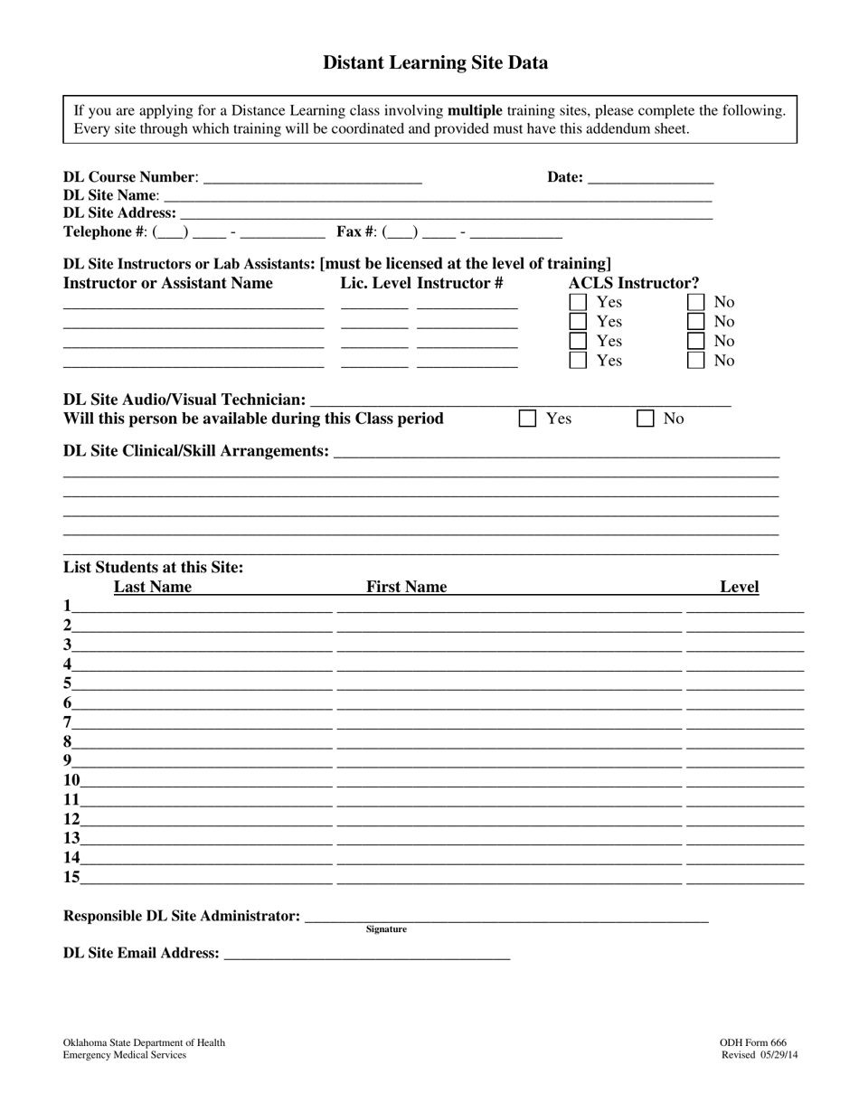 ODH Form 666 Distant Learning Site Data - Oklahoma, Page 1