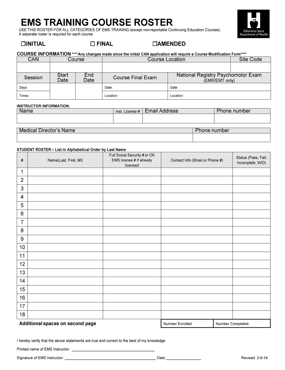 Oklahoma EMS Training Course Roster Fill Out, Sign Online and