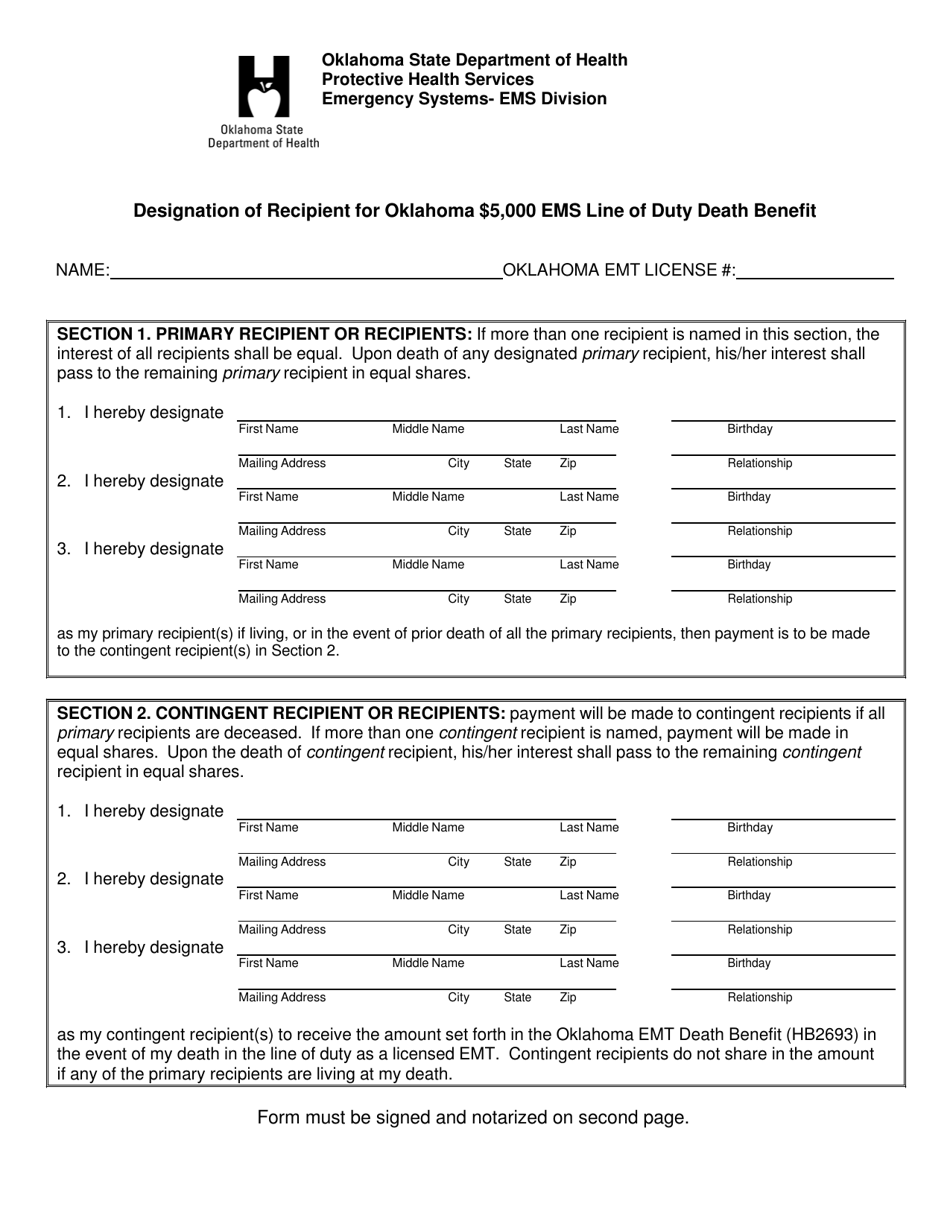 Oklahoma Designation of Recipient for Oklahoma 5,000 EMS Line of Duty