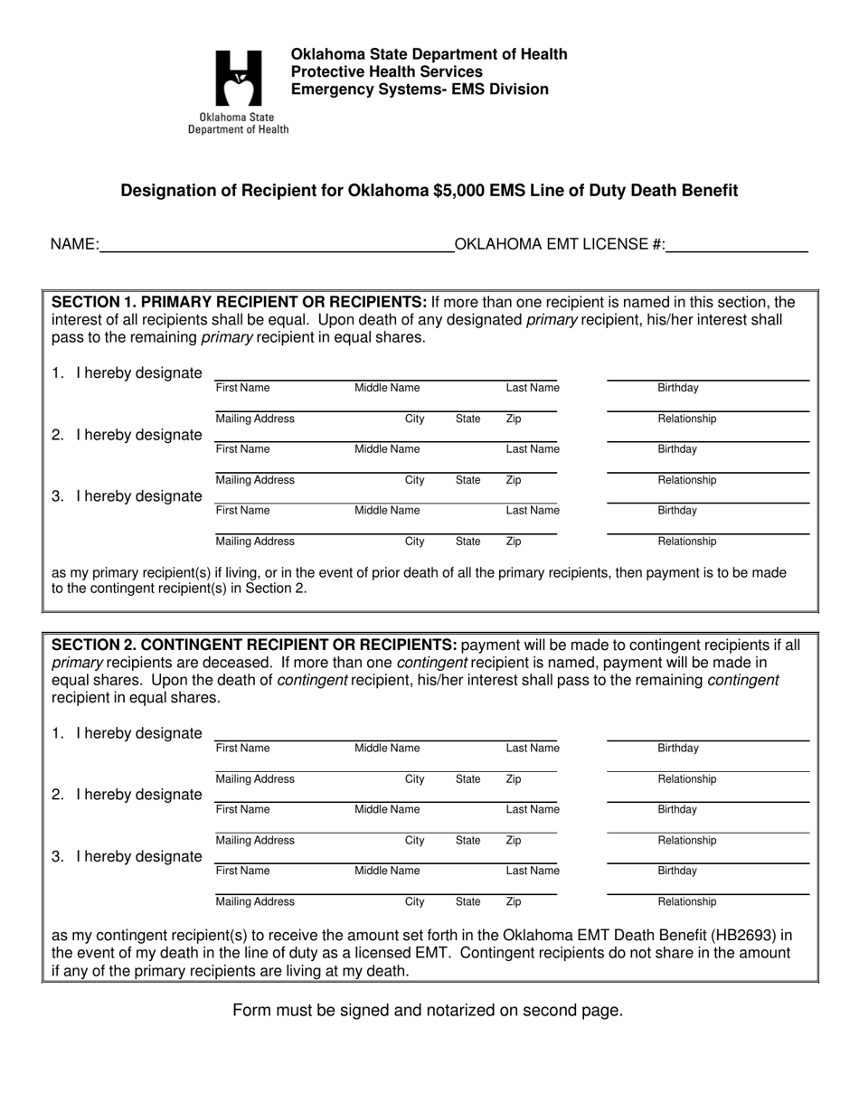 Designation of Recipient for Oklahoma $5,000 EMS Line of Duty Death Benefit - Oklahoma, Page 1