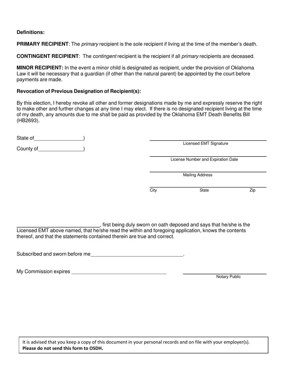 Oklahoma Designation of Recipient for Oklahoma 5,000 EMS Line of Duty