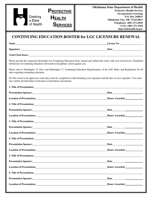Continuing Education Roster for Lgc Licensure Renewal - Oklahoma Download Pdf