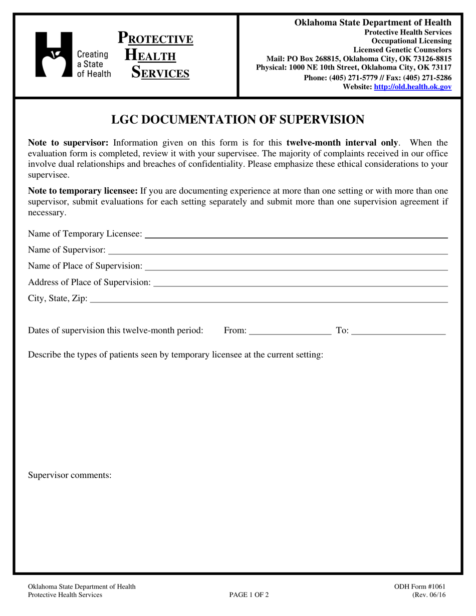 ODH Form 1061 Lgc Documentation of Supervision - Oklahoma, Page 1