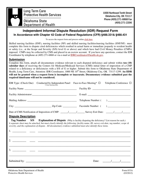 ODH Form 833A  Printable Pdf