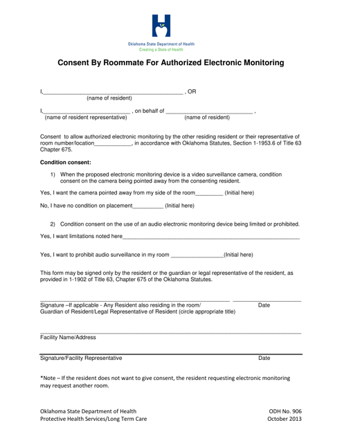 ODH Form 906 Consent by Roommate for Authorized Electronic Monitoring - Oklahoma