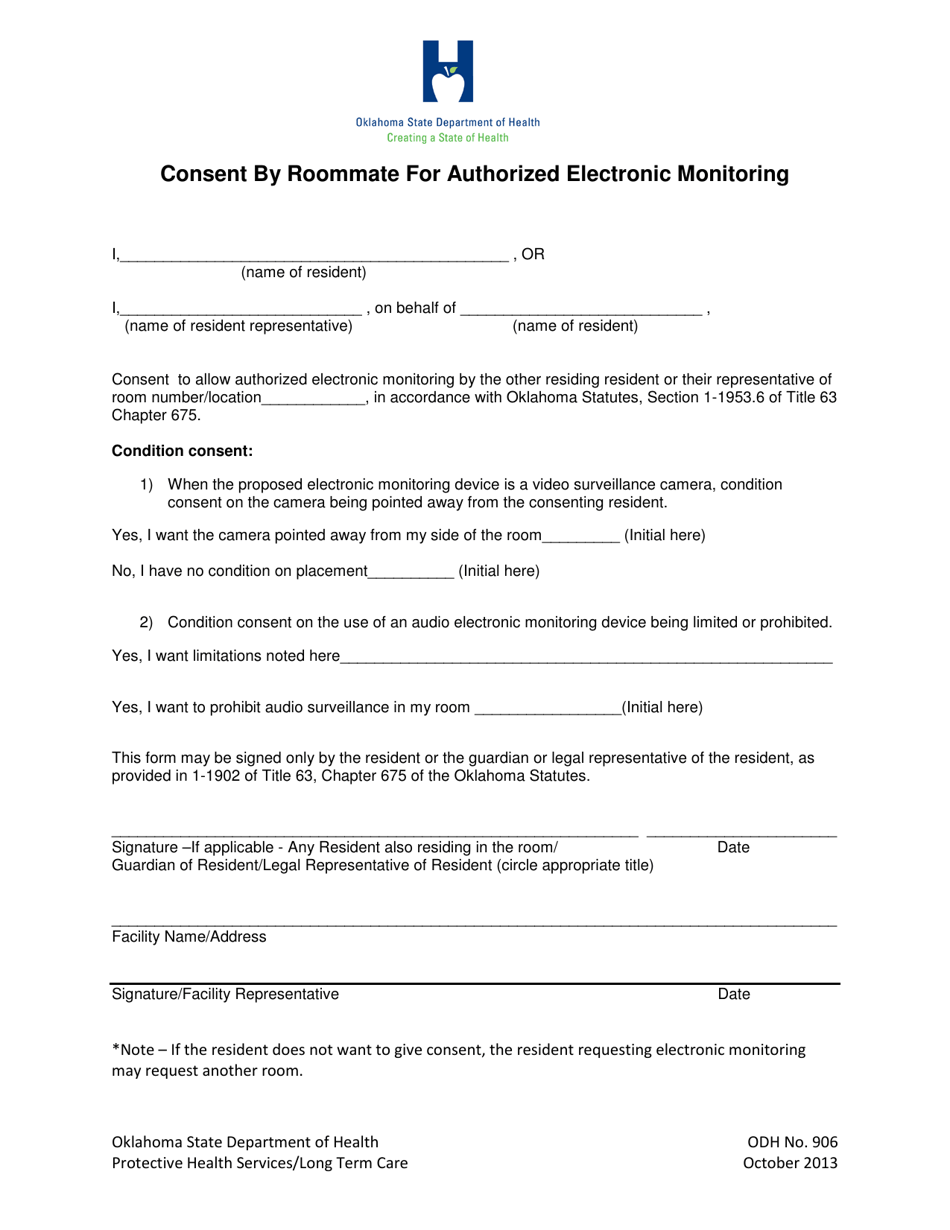 ODH Form 906 Consent by Roommate for Authorized Electronic Monitoring - Oklahoma, Page 1