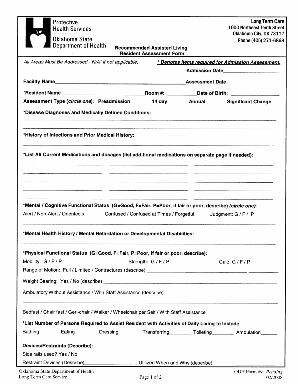 Recommended Assisted Living Resident Assessment Form - Oklahoma, Page 1