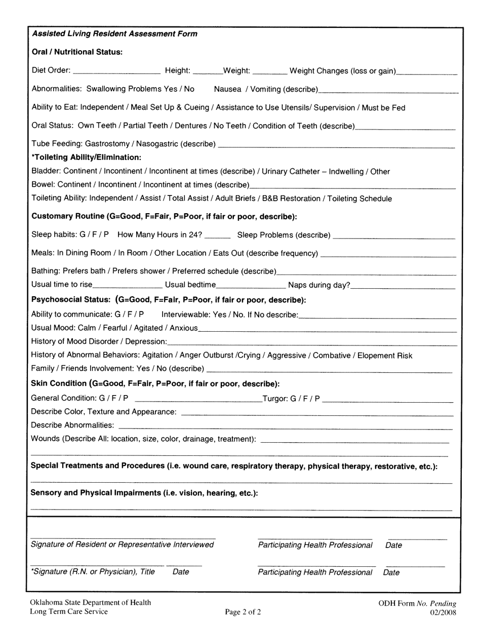 Recommended Assisted Living Resident Assessment Form - Oklahoma, Page 2