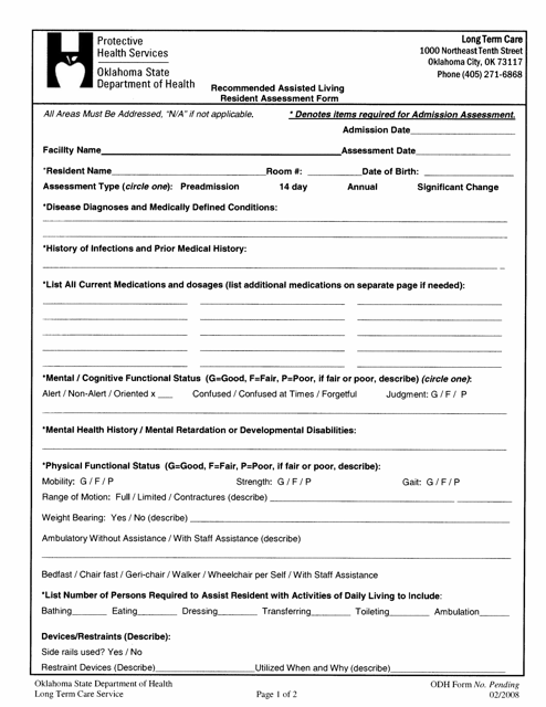 Recommended Assisted Living Resident Assessment Form - Oklahoma Download Pdf