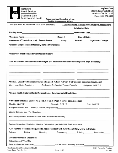 Oklahoma Recommended Assisted Living Resident Assessment Form Download 