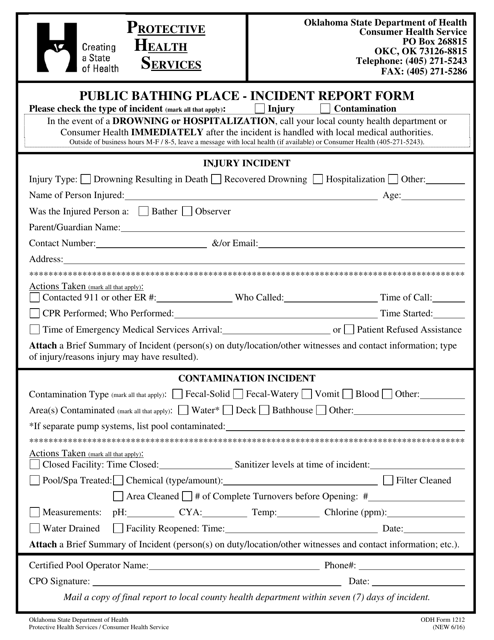 ODH Form 1212 Public Bathing Place - Incident Report Form - Oklahoma