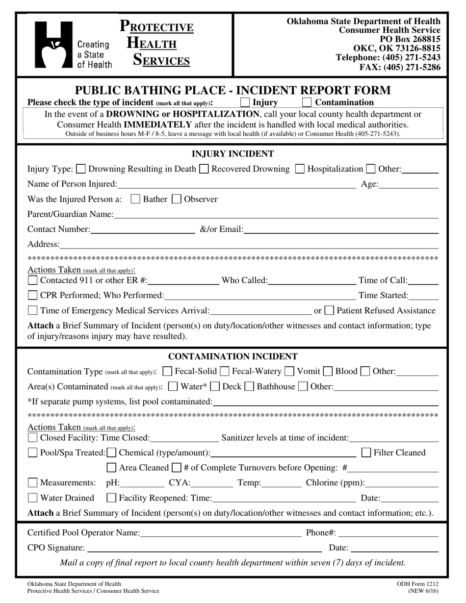 ODH Form 1212 Public Bathing Place - Incident Report Form - Oklahoma, Page 1