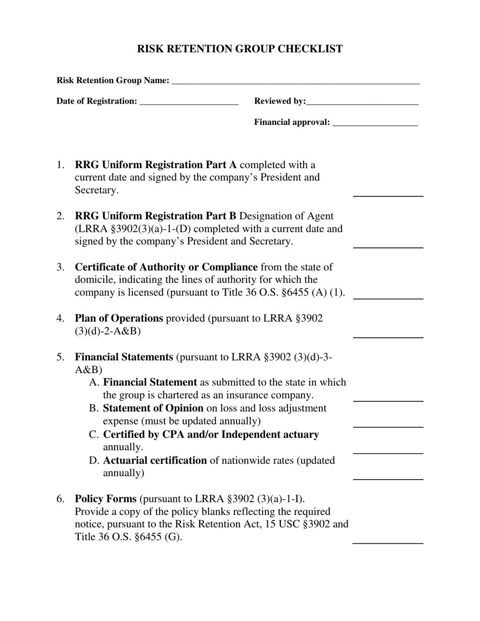 Risk Retention Group Checklist - Oklahoma, Page 1