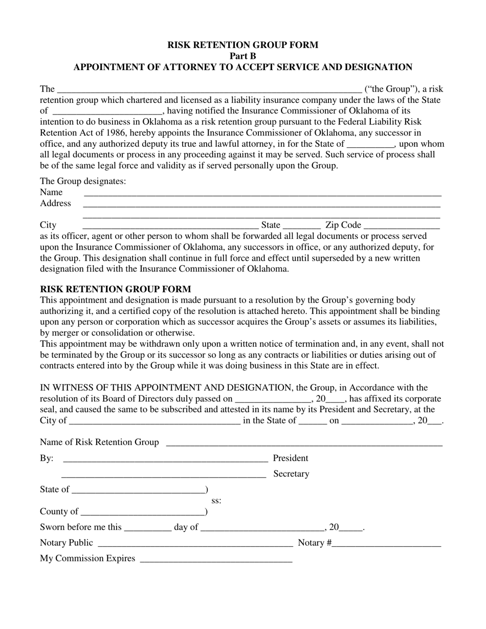Risk Retention Group Form - Part B - Appointment of Attorney to Accept Service and Designation - Oklahoma, Page 1