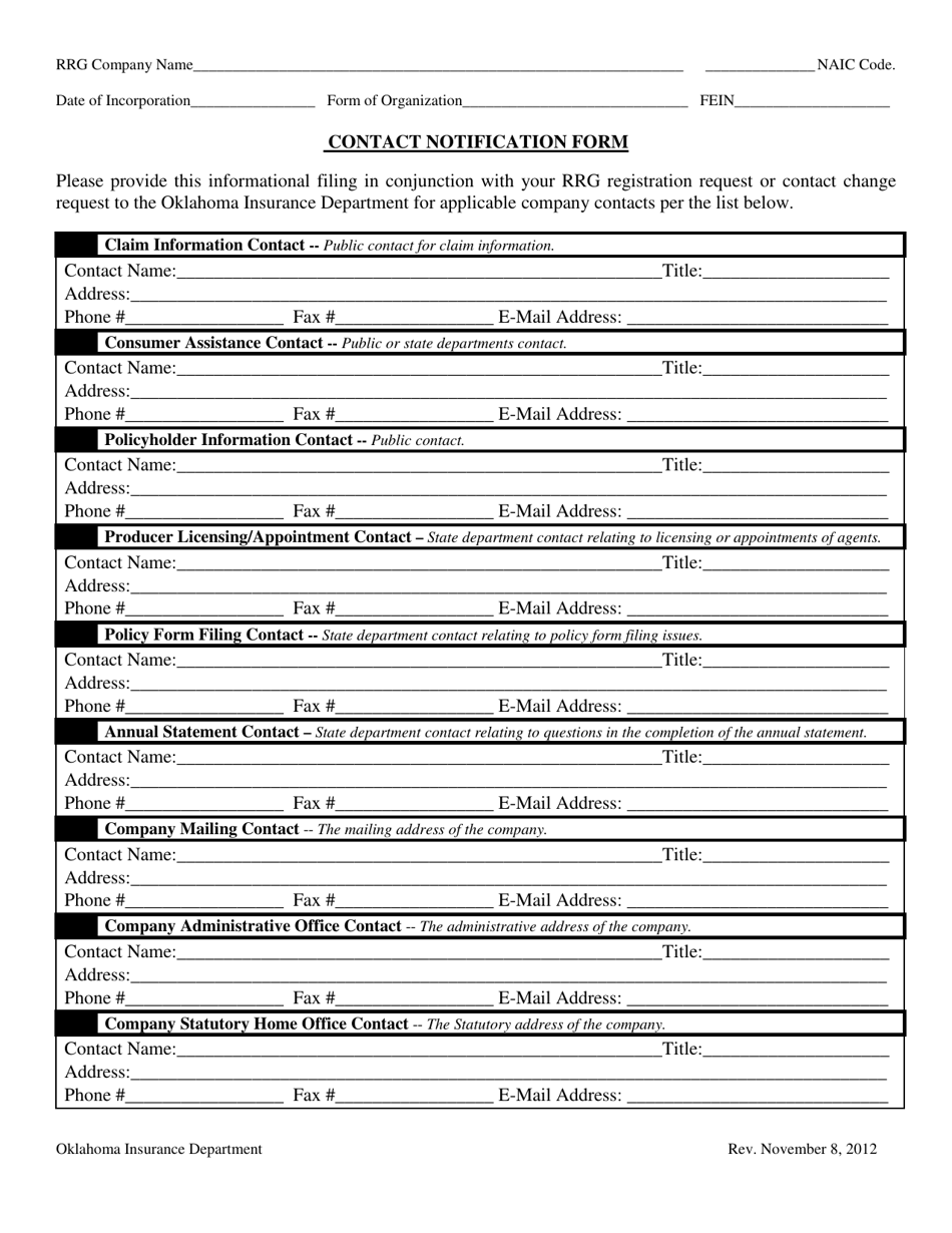 Contact Notification Form - Oklahoma, Page 1