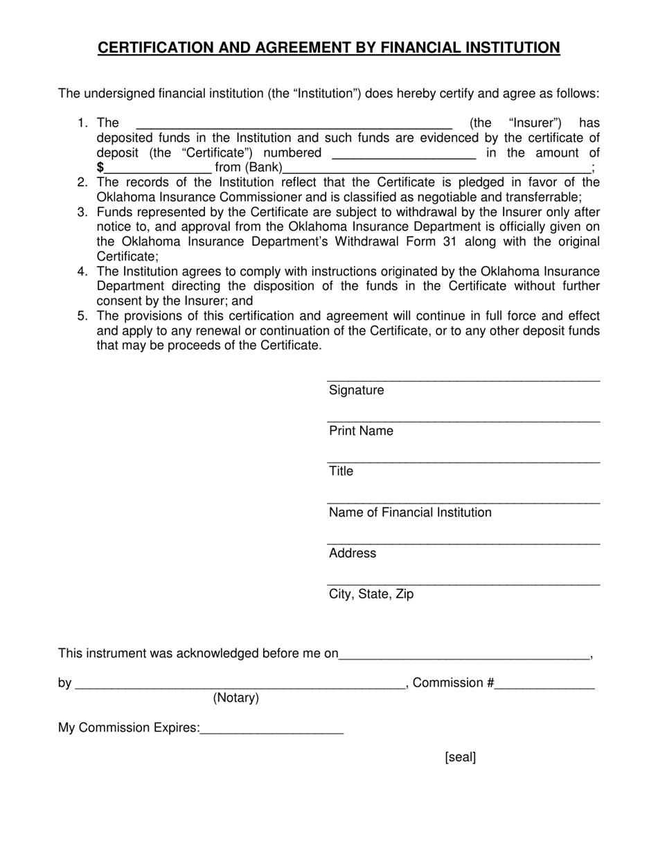 Certification and Agreement by Financial Institution - Oklahoma, Page 1