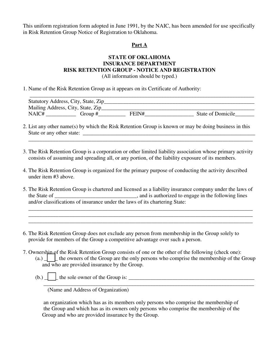 Risk Retention Group Form - Part a - Notice and Registration - Oklahoma, Page 1