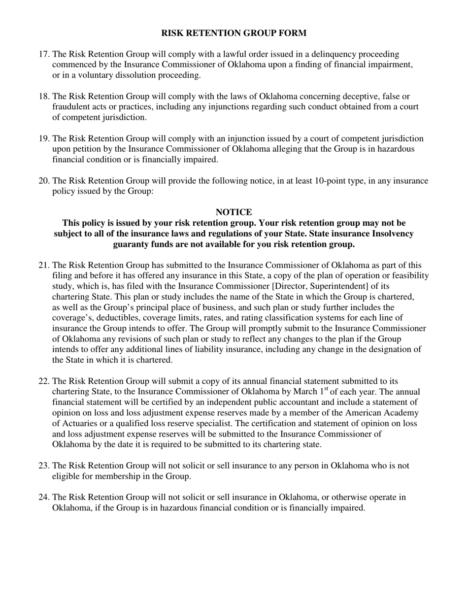 Risk Retention Group Form - Part a - Notice and Registration - Oklahoma, Page 4
