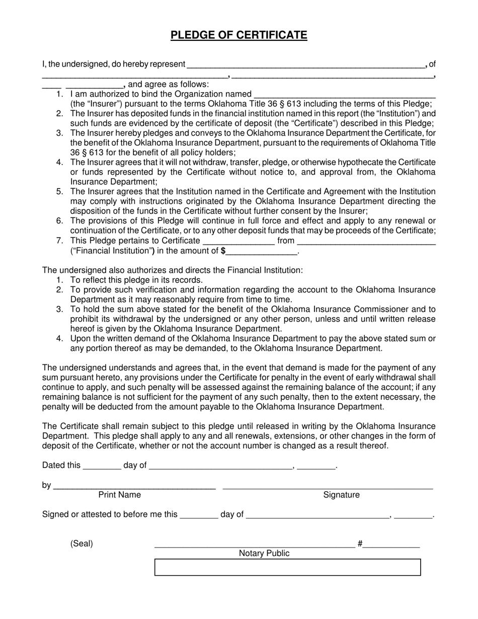 Pledge of Certificate - Oklahoma, Page 1
