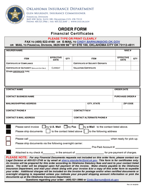 Order Form - Financial Certificates - Oklahoma Download Pdf