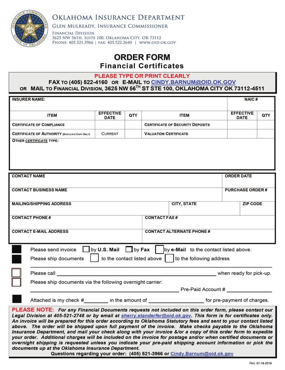 Order Form - Financial Certificates - Oklahoma, Page 1