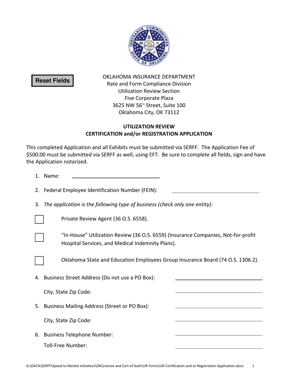 Utilization Review Certification and / or Registration Application Form - Oklahoma, Page 1