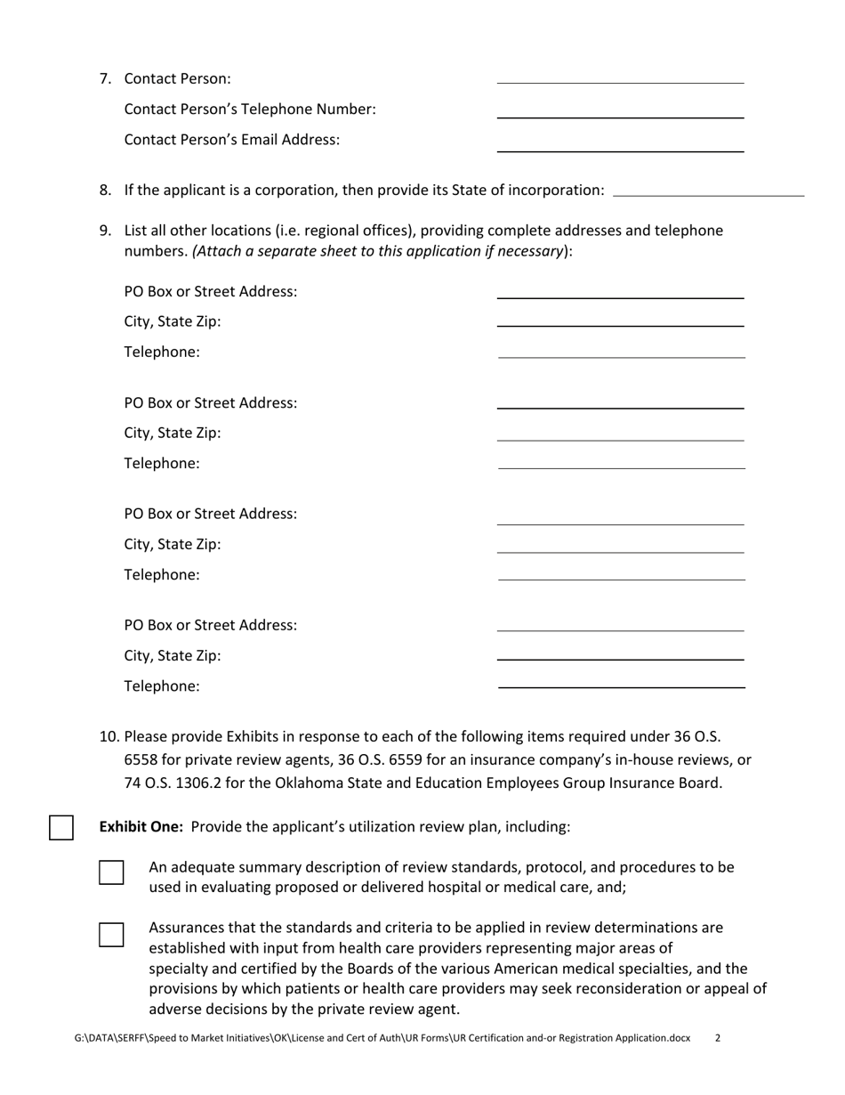 Utilization Review Certification and / or Registration Application Form - Oklahoma, Page 2