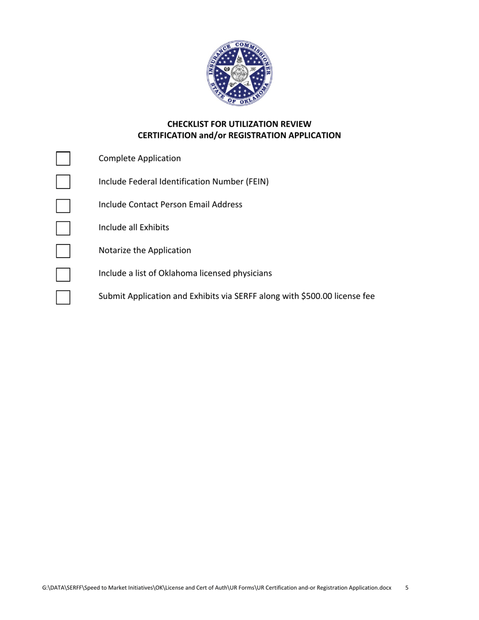 Utilization Review Certification and / or Registration Application Form - Oklahoma, Page 5