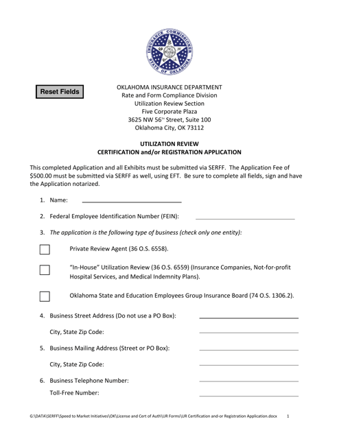 Utilization Review Certification and / or Registration Application Form - Oklahoma Download Pdf
