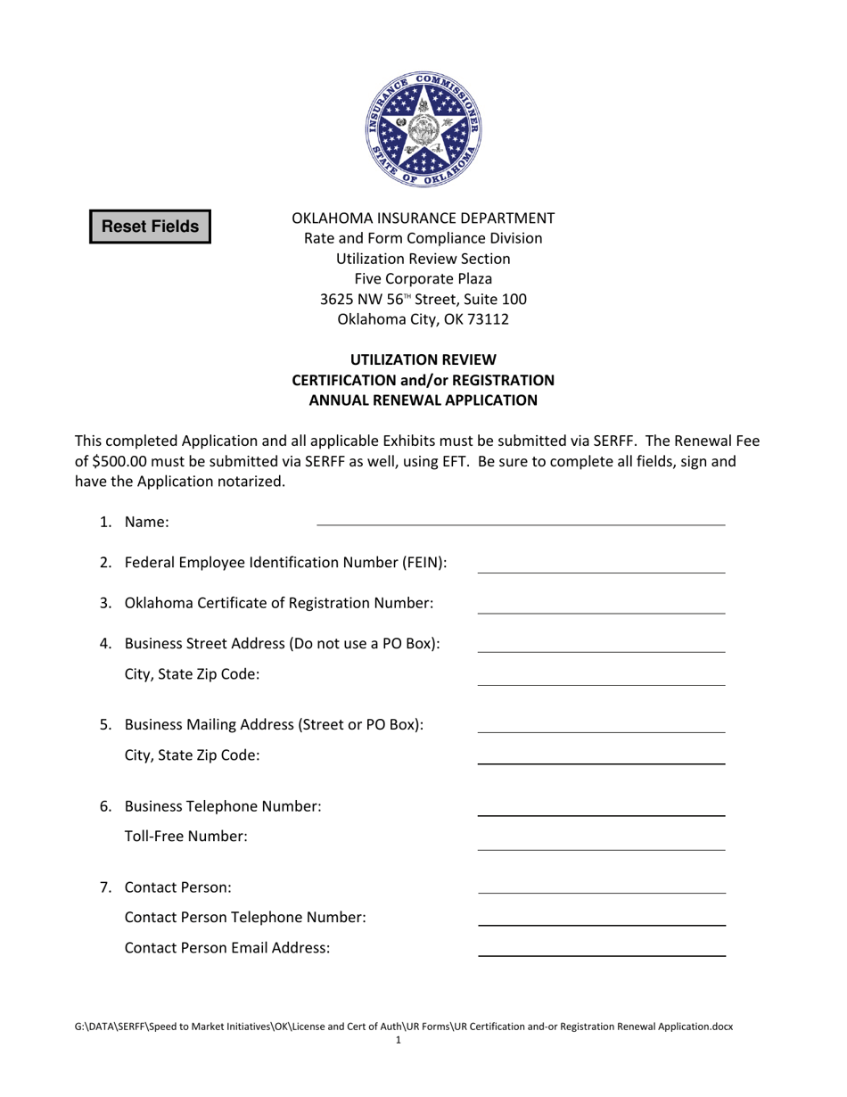 Utilization Review Certification and / or Registration Annual Renewal Application Form - Oklahoma, Page 1