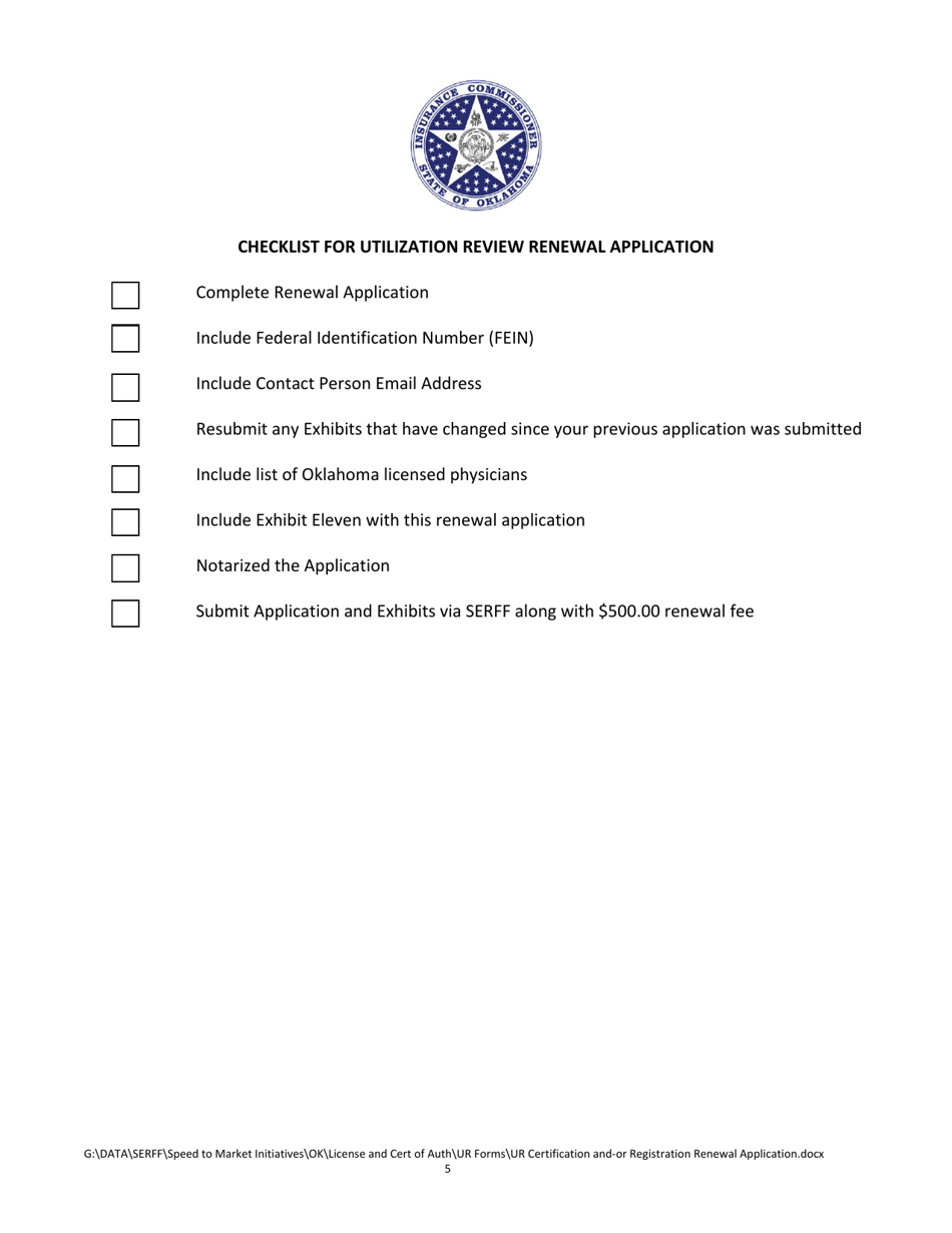 Oklahoma Utilization Review Certification and/or Registration Annual