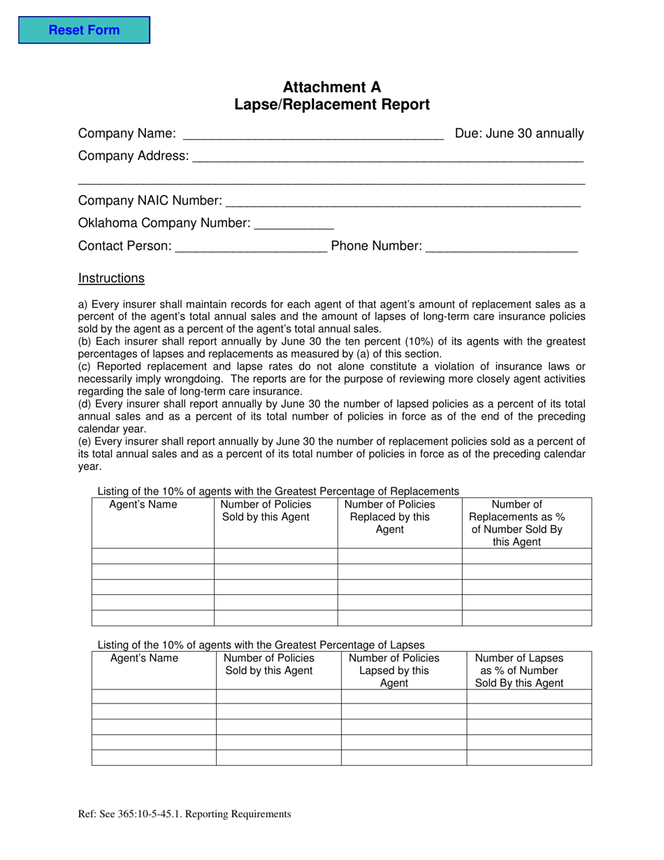 Attachment A Lapse / Replacement Report Form - Oklahoma, Page 1