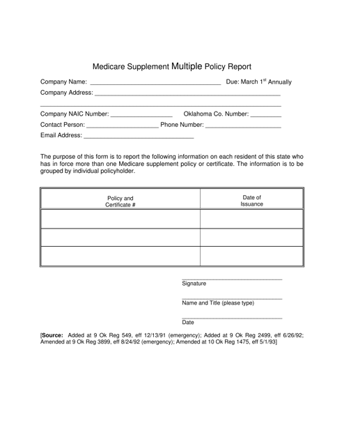 Medicare Supplement Multiple Policy Report Form - Oklahoma Download Pdf