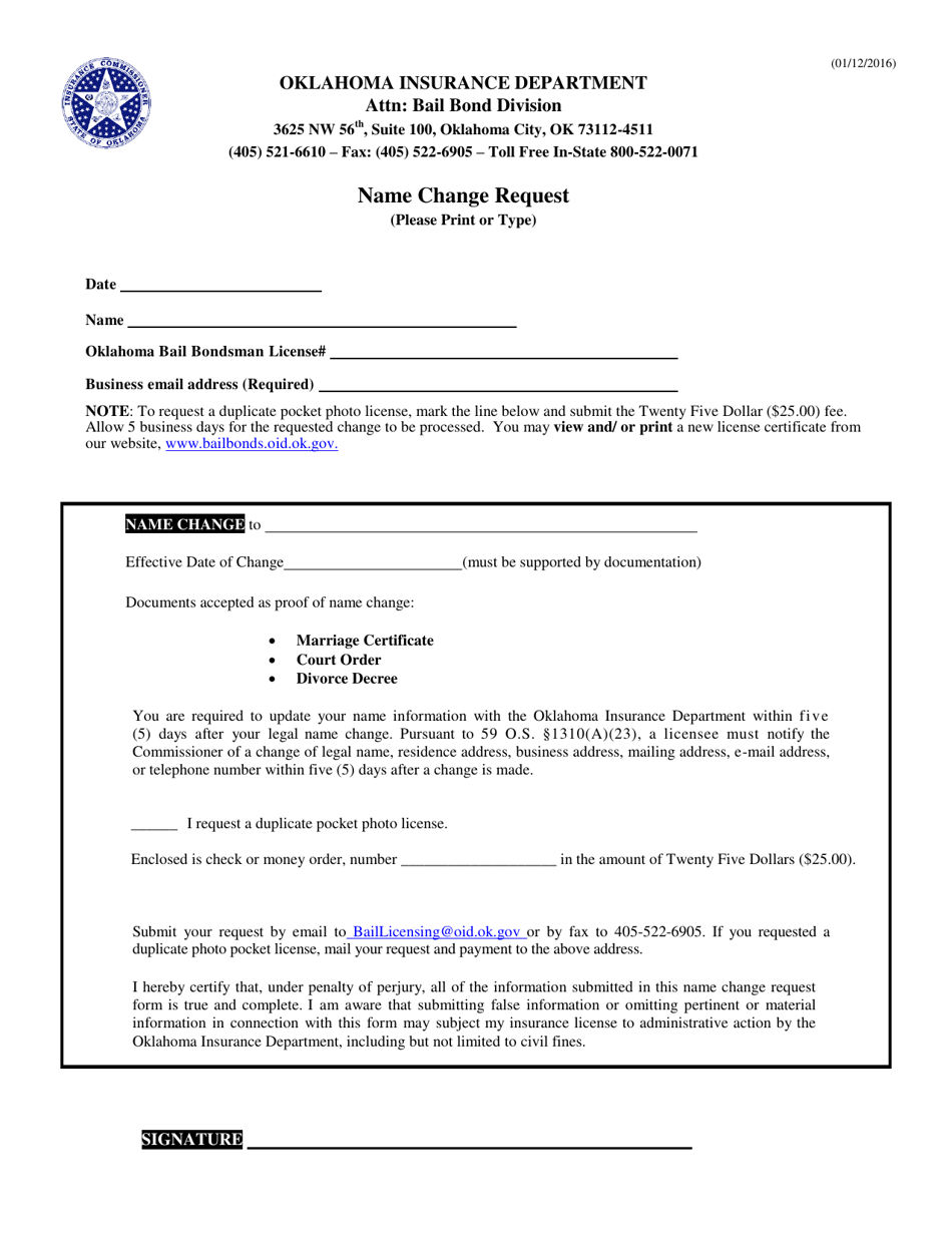 Name Change Request Form - Oklahoma, Page 1
