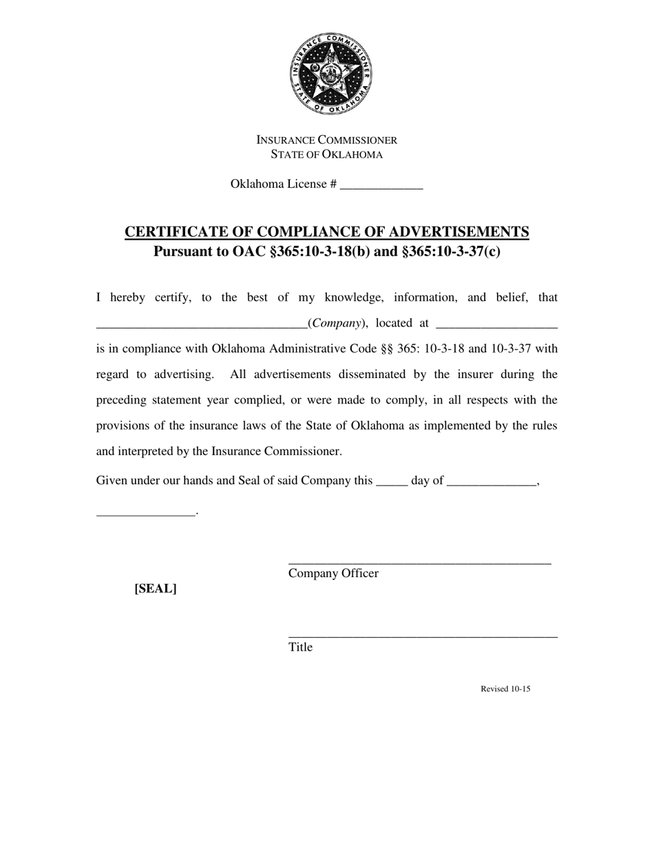 Certificate of Compliance of Advertisements - Oklahoma, Page 1