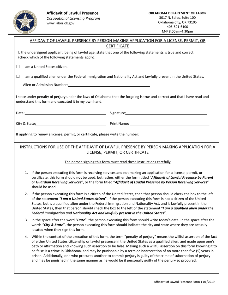 Oklahoma Affidavit Of Lawful Presence Fill Out Sign Online And Download Pdf Templateroller 4312