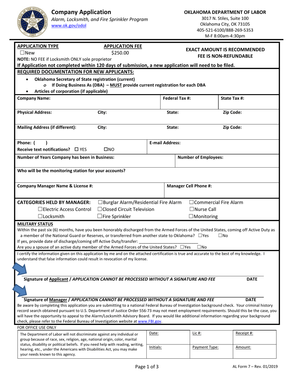 Form 7 Company Application - Oklahoma, Page 1