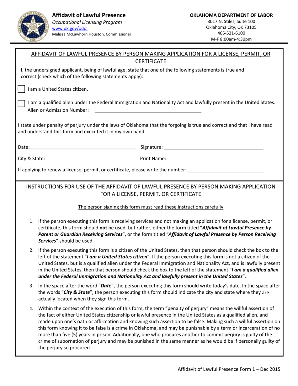 Form 1 Affidavit of Lawful Presence - Oklahoma, Page 1