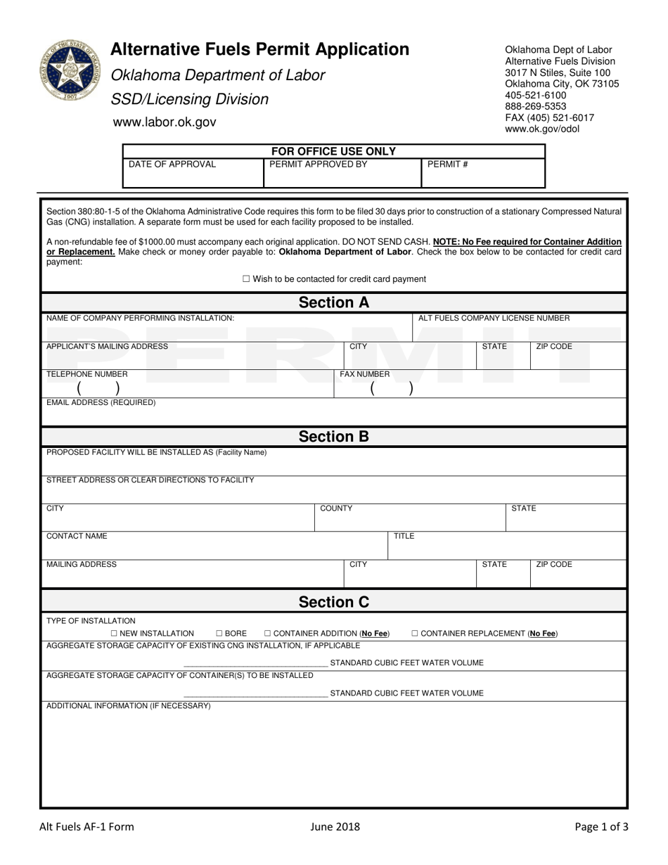 Form AF-1 Alternative Fuels Permit Application - Oklahoma, Page 1