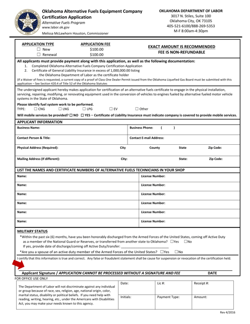 Oklahoma Alternative Fuels Equipment Company Certification Application Form - Oklahoma