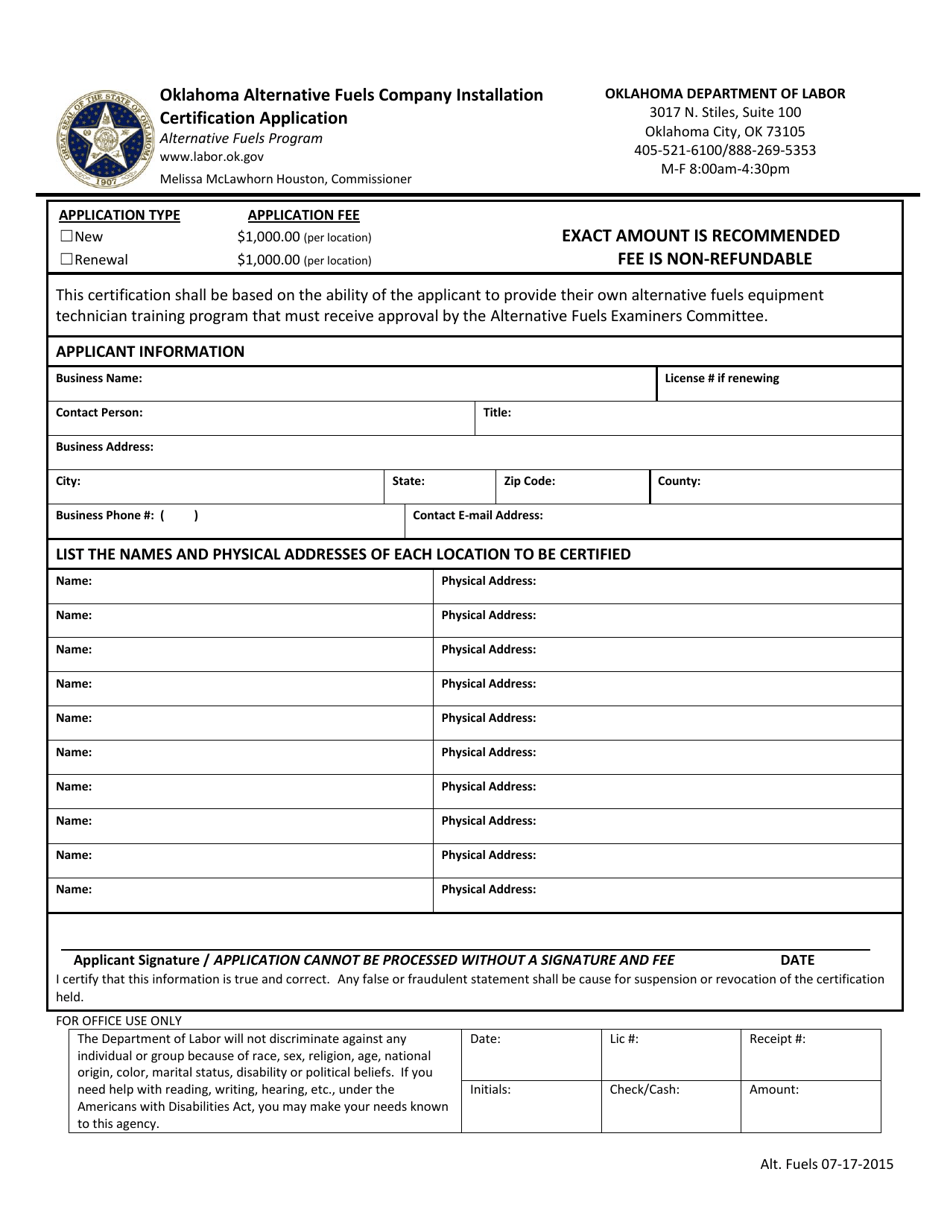 Oklahoma Alternative Fuels Company Installation Certification Application Form - Oklahoma, Page 1
