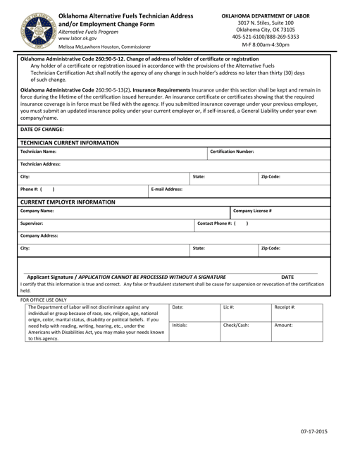 Oklahoma Alternative Fuels Technician Address and / or Employment Change Form - Oklahoma Download Pdf