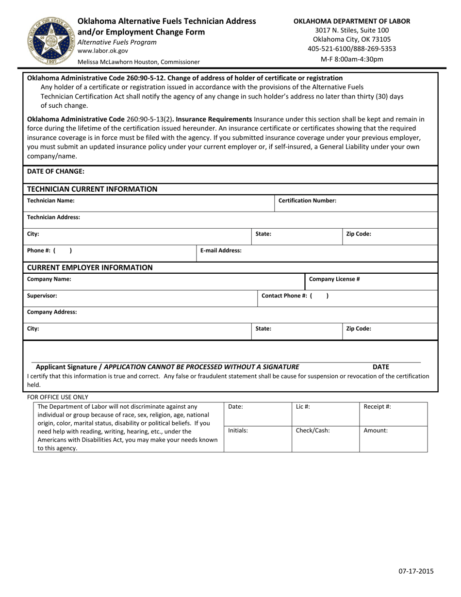 Oklahoma Alternative Fuels Technician Address and / or Employment Change Form - Oklahoma, Page 1