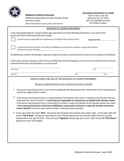 Affidavit of Work Performed - Oklahoma