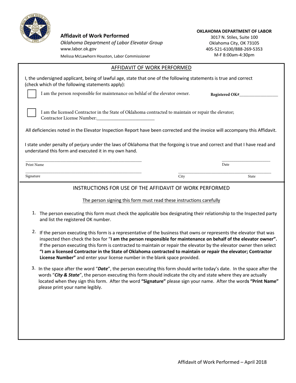 Oklahoma Affidavit of Work Performed - Fill Out, Sign Online and ...