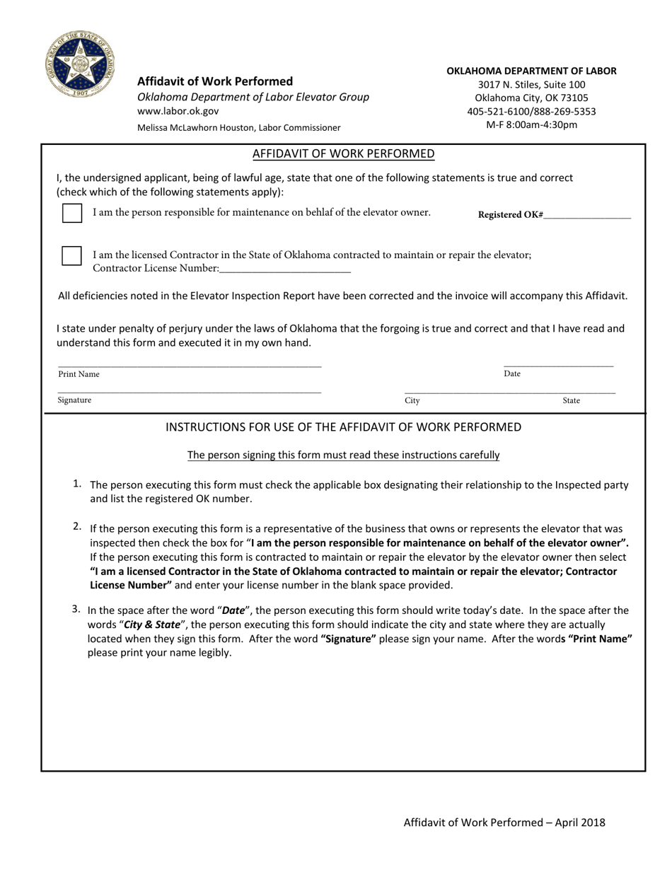 Affidavit of Work Performed - Oklahoma, Page 1