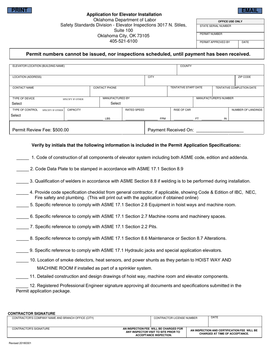 Oklahoma Application for Elevator Installation Download Fillable PDF