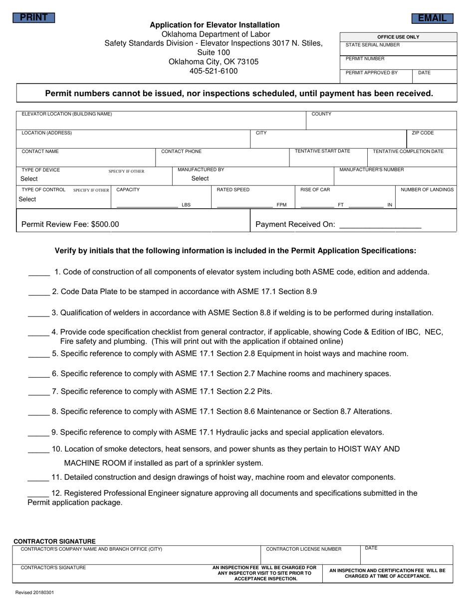 Application for Elevator Installation - Oklahoma, Page 1