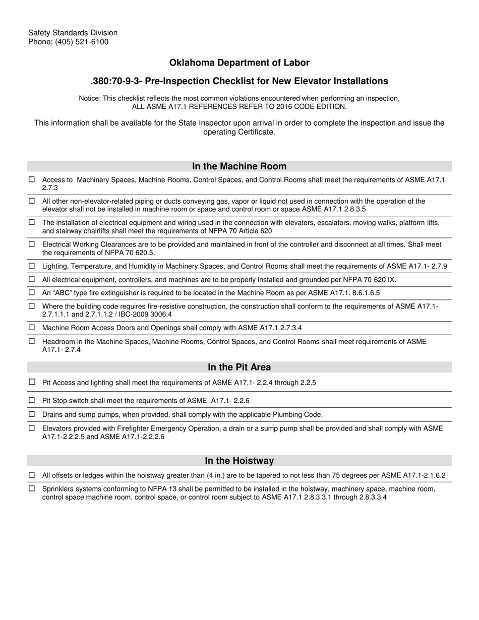 Pre-inspection Checklist for New Elevator Installations - Oklahoma, Page 1