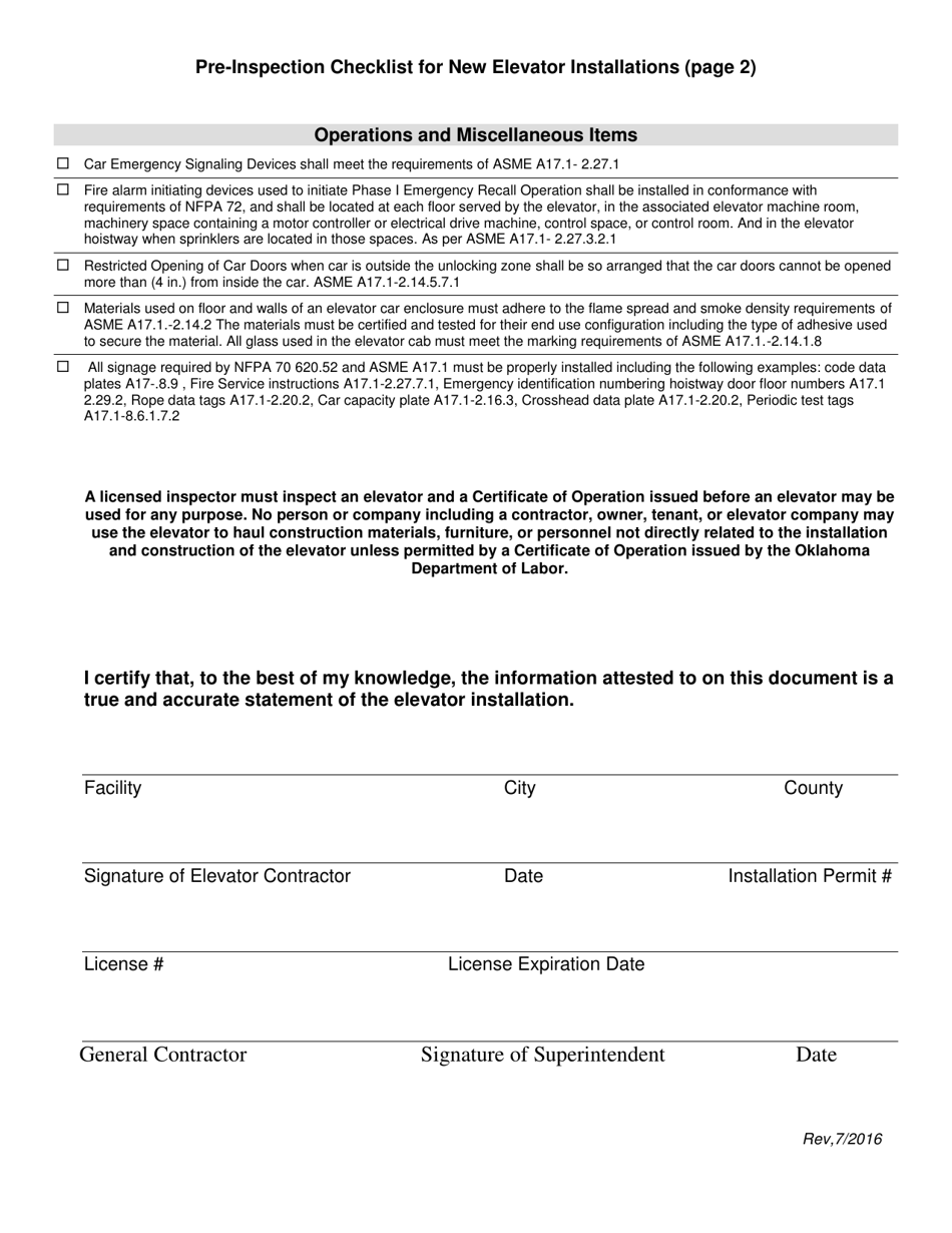 Oklahoma Pre Inspection Checklist For New Elevator Installations Fill Out Sign Online And 9841